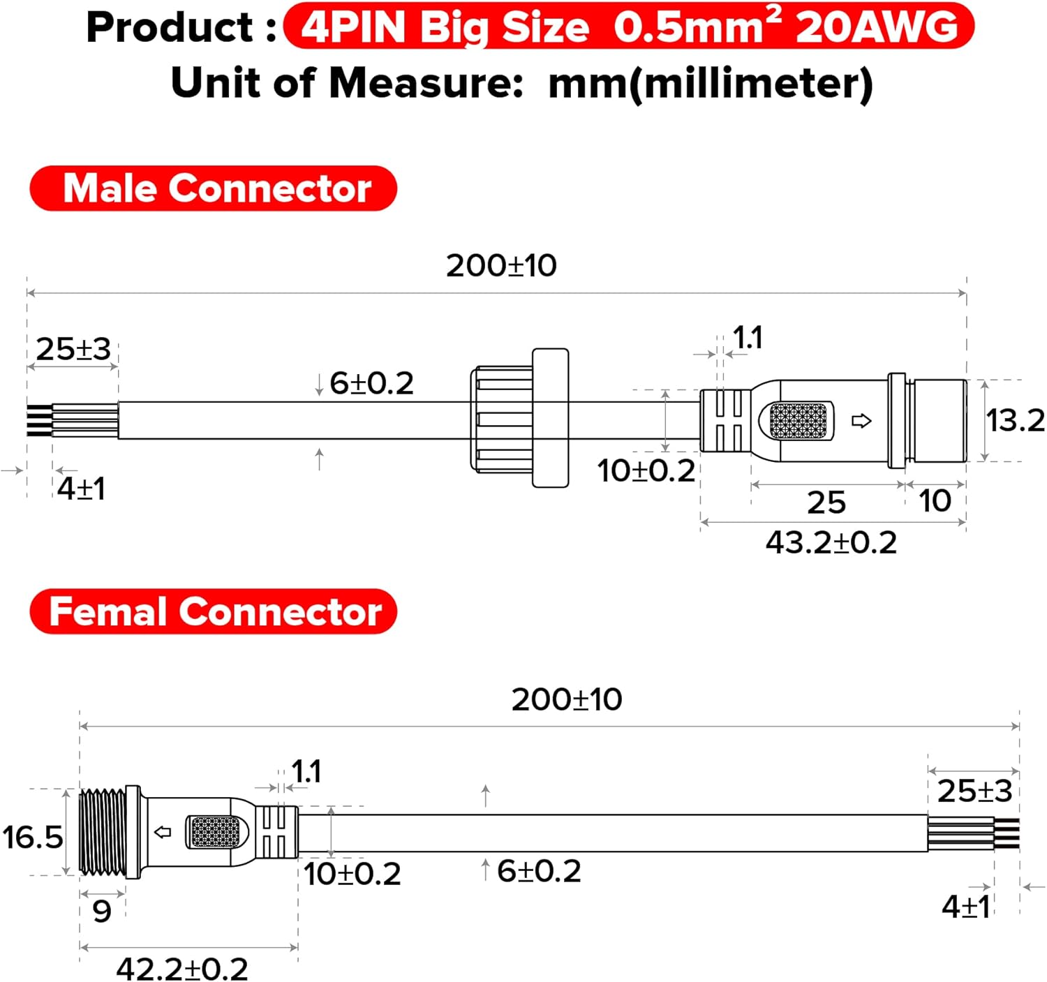 BTF-LIGHTING 4 Pin IP65 Connector with 20AWG Wire