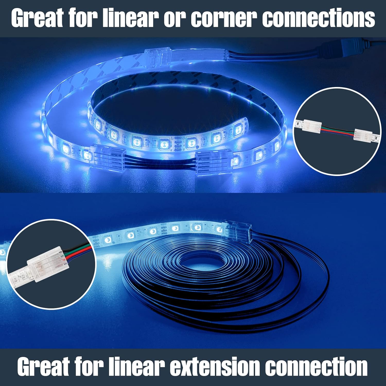 GXILEE 4 Pin LED Strip Connector 10 Pack with 164ft Extension Cable