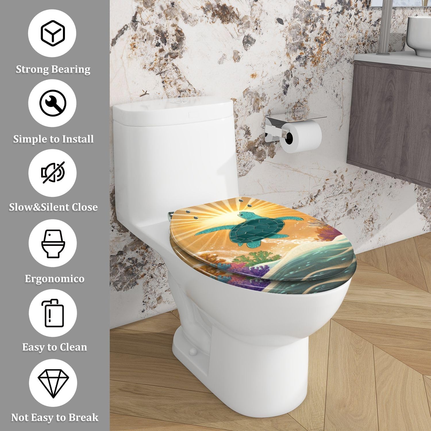 Elongated Toilet Seat with Coastal Art Design 1