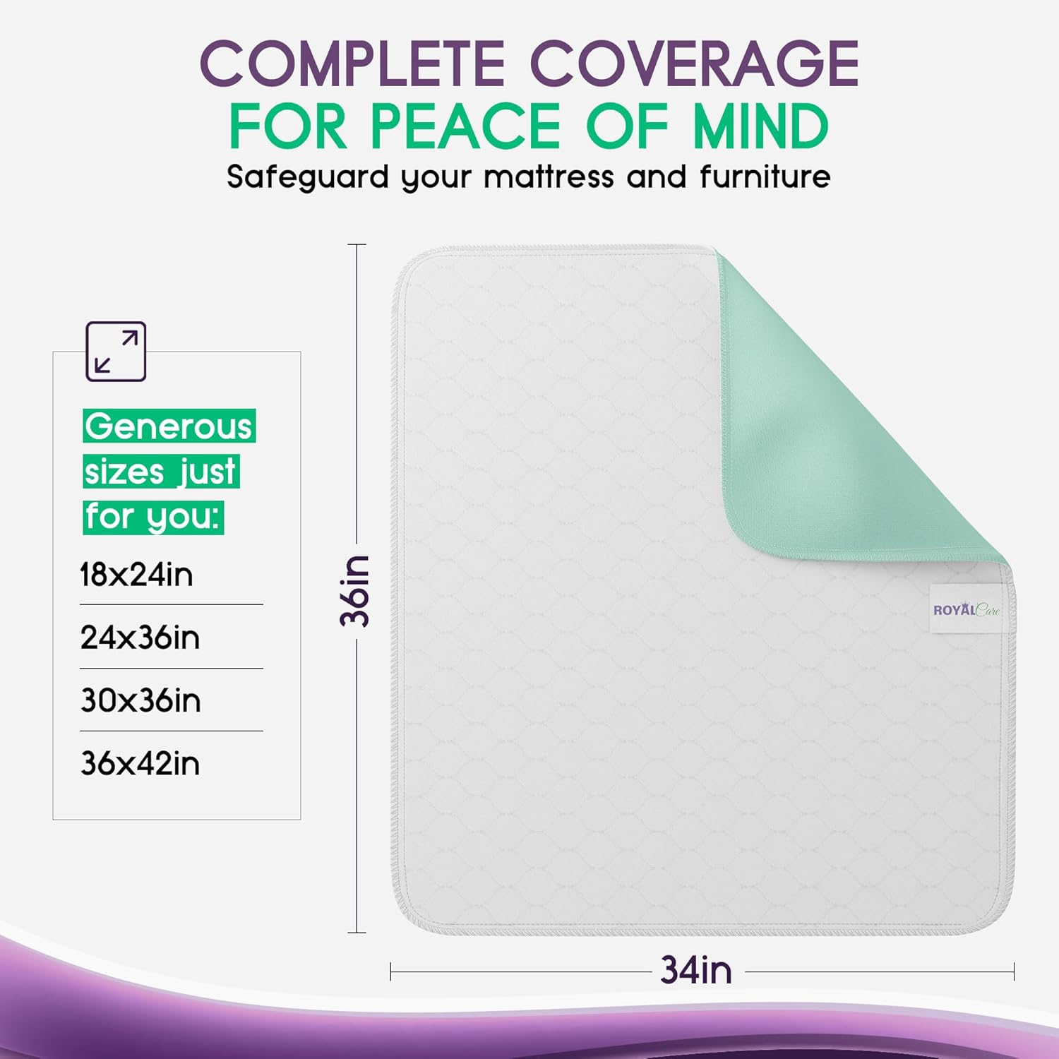 Royal Care Incontinence Bed Pads - 4 Pack 34x36 Reusable Waterproof