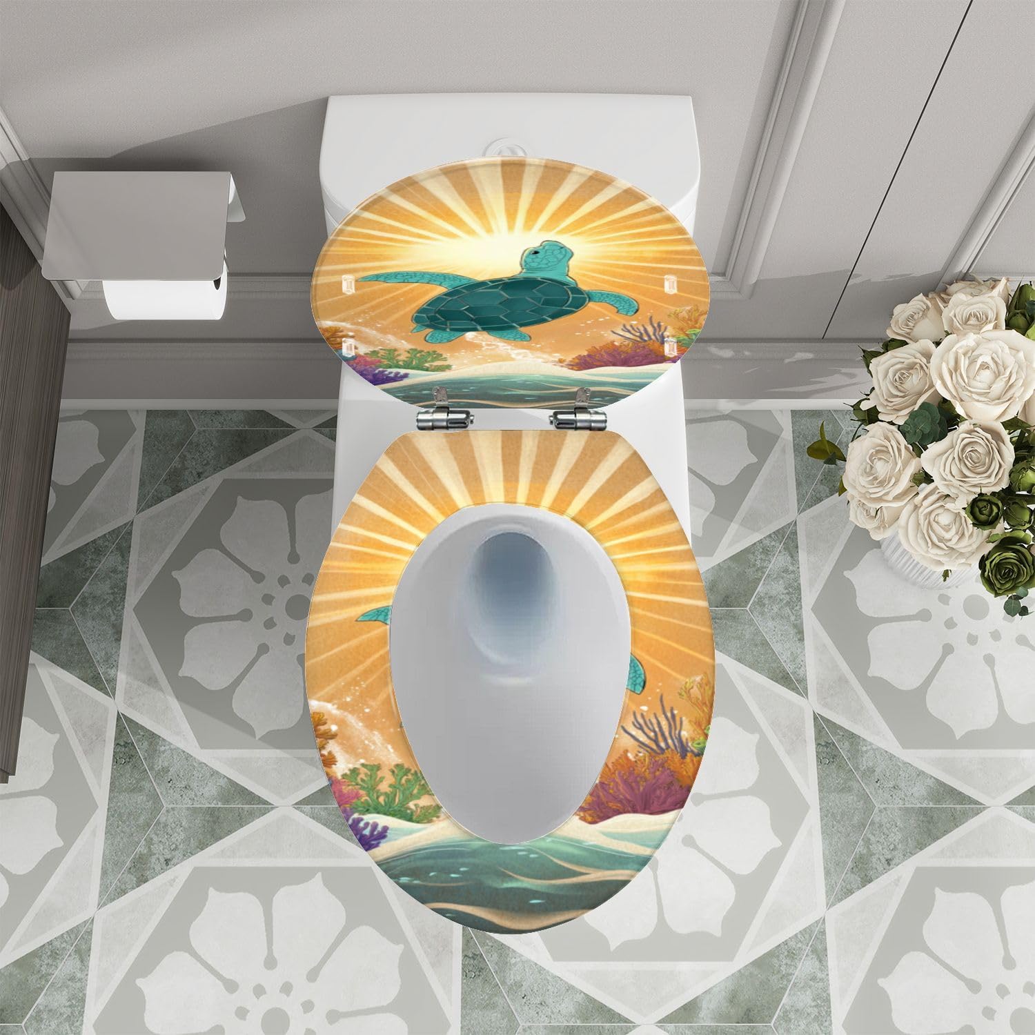 Elongated Toilet Seat with Coastal Art Design 1
