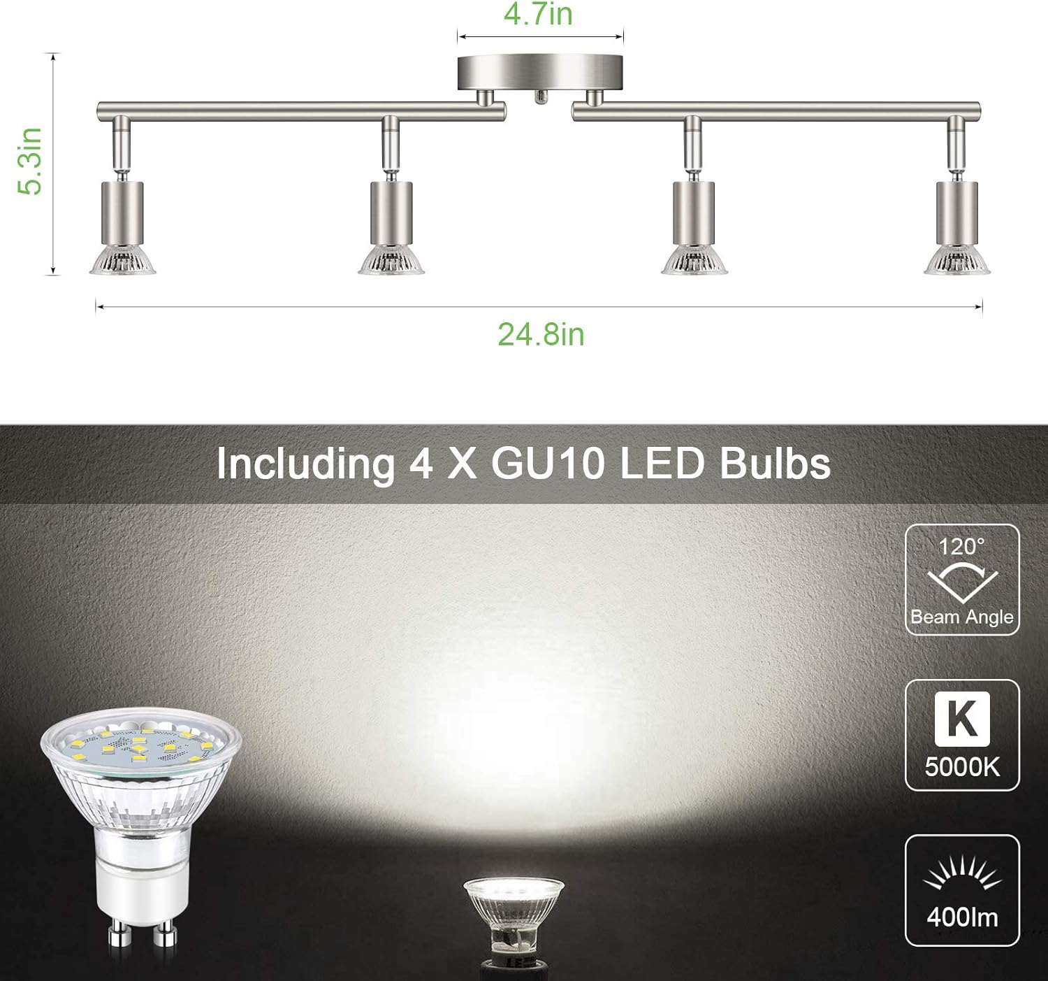Unicozin LED 4 Light Track Kit Matt Nickel 4-Way Ceiling Spot Lights