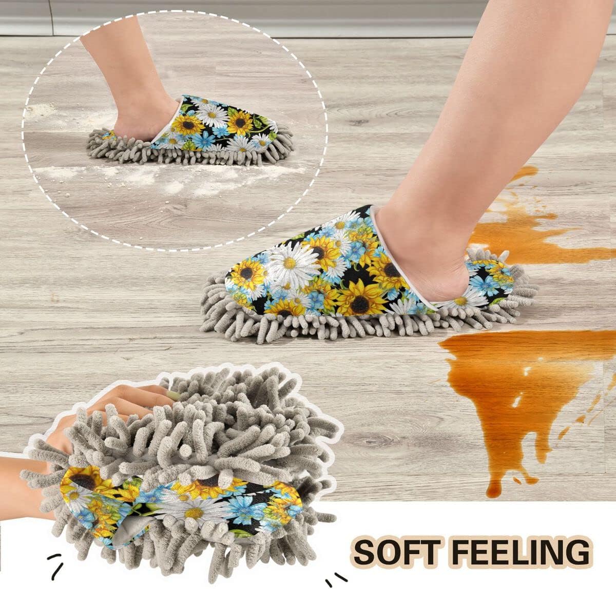 DOMIKING Daisy Flower Cleaning Slippers for Women Mop House Duster Shoes