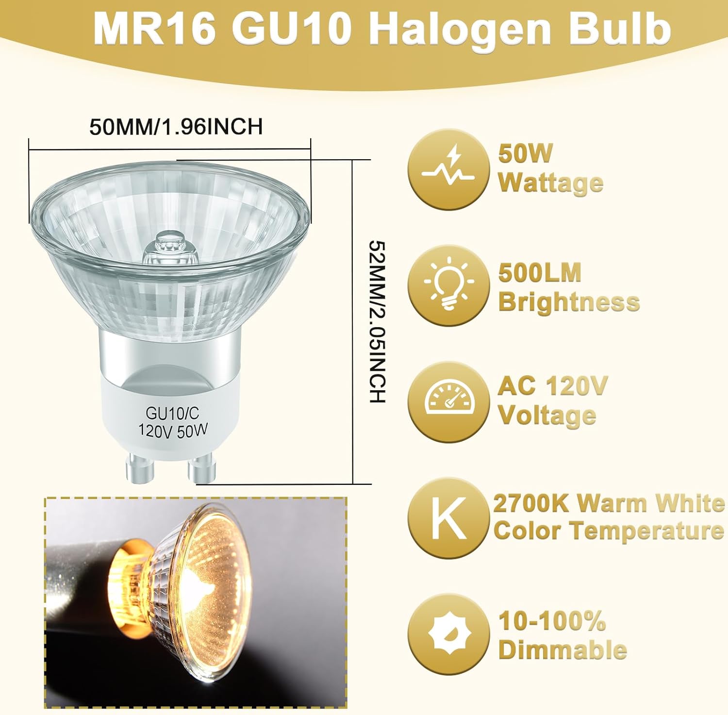 DUMILOO GU10 Halogen Bulb 120V 50W Dimmable Warm White 2700K Pack of 6