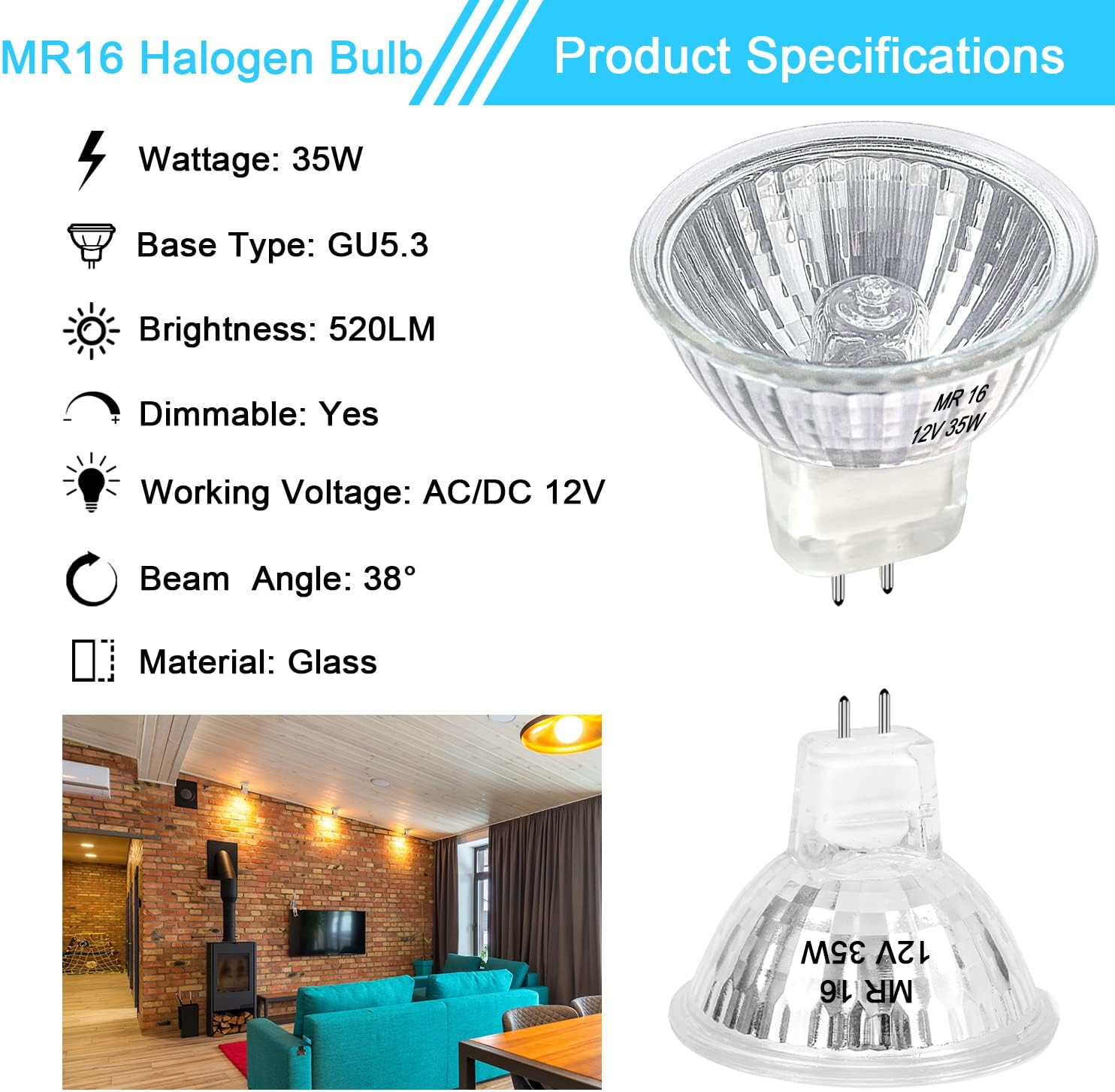 MR16 Halogen Bulb 35W Dimmable 12V Spotlight 6 Pack Warm White