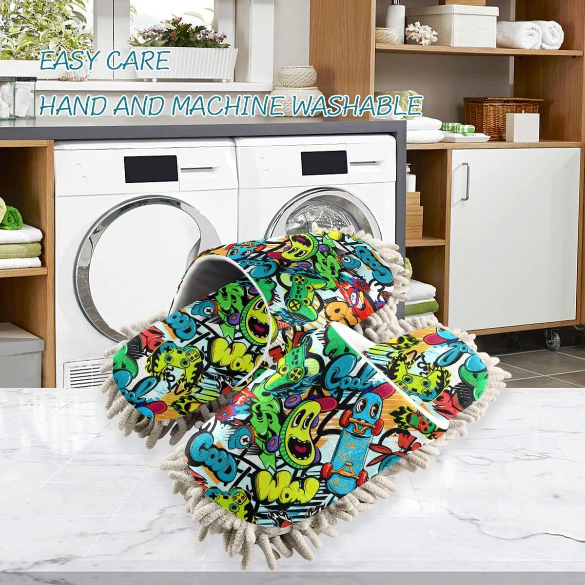 DOMIKING Graffiti Mop Slippers for Floor Cleaning