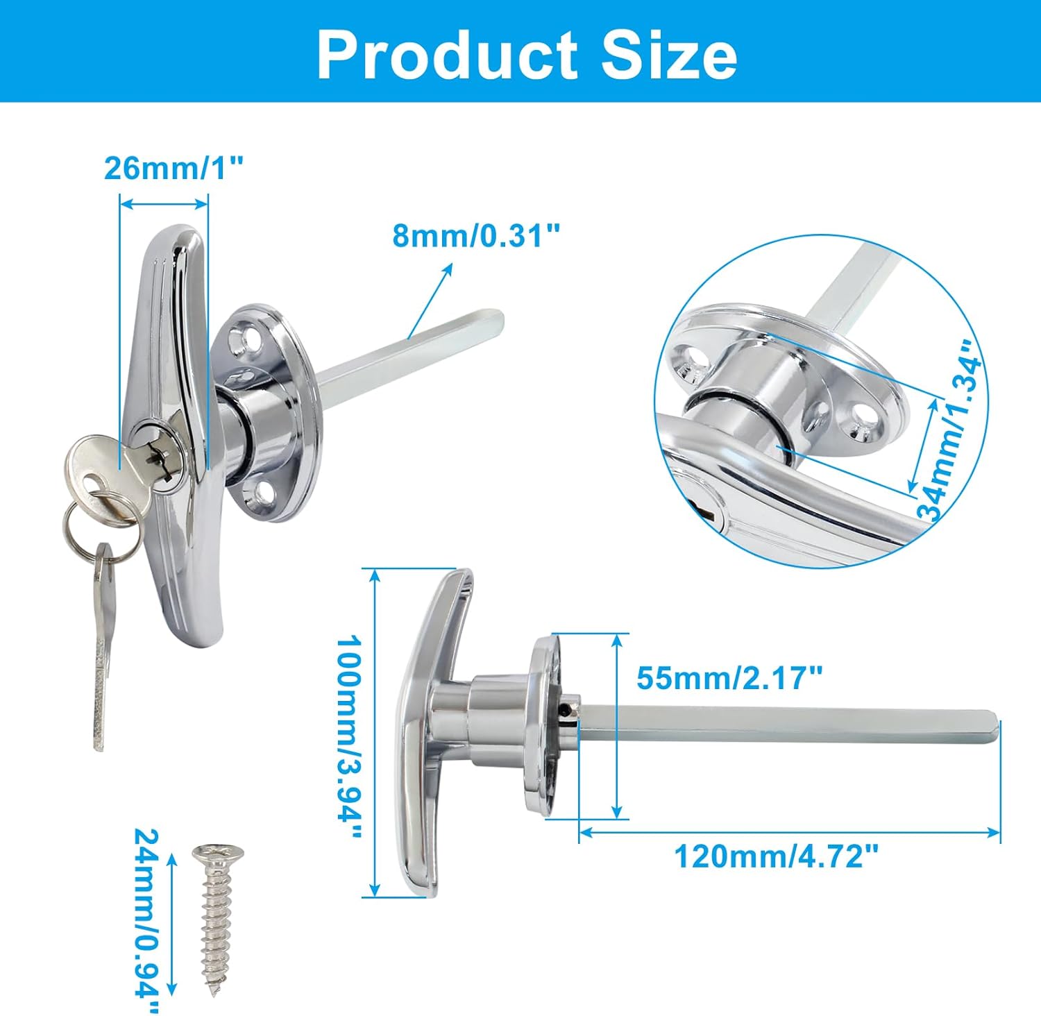 Bonsicoky Garage Door T-Handle Lock with 2 Keys - Silver