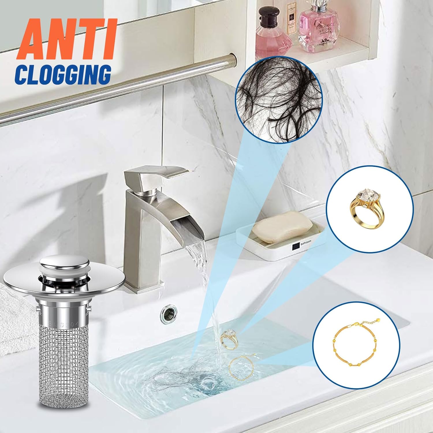 Bathroom Sink Stopper Hair Catcher with Pop Up Mechanism 1Pcs Universal Replacement