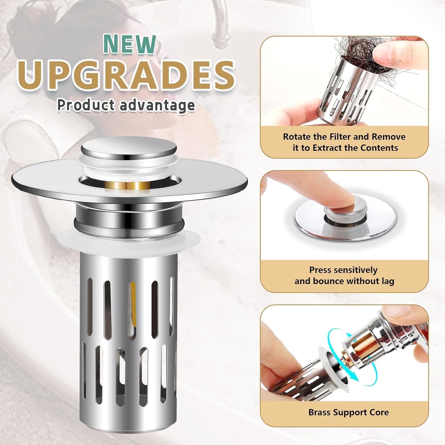 Universal Stainless Steel Sink Stopper with Hair Strainer