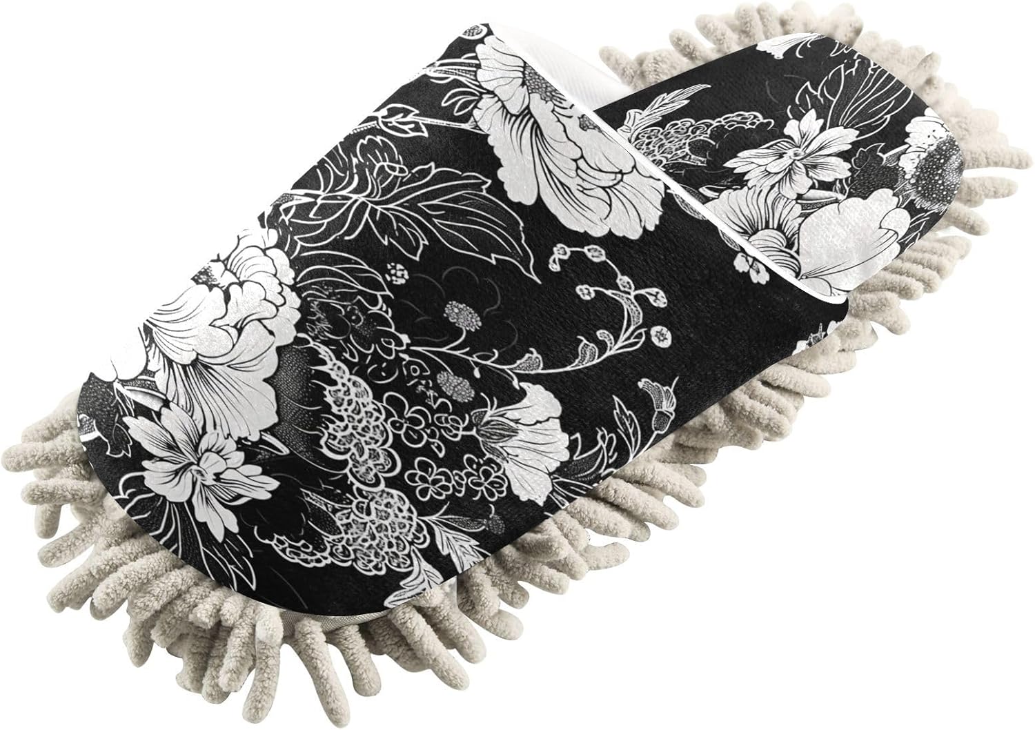 Zhirexin Black White Flowers Cleaning Mop Slippers