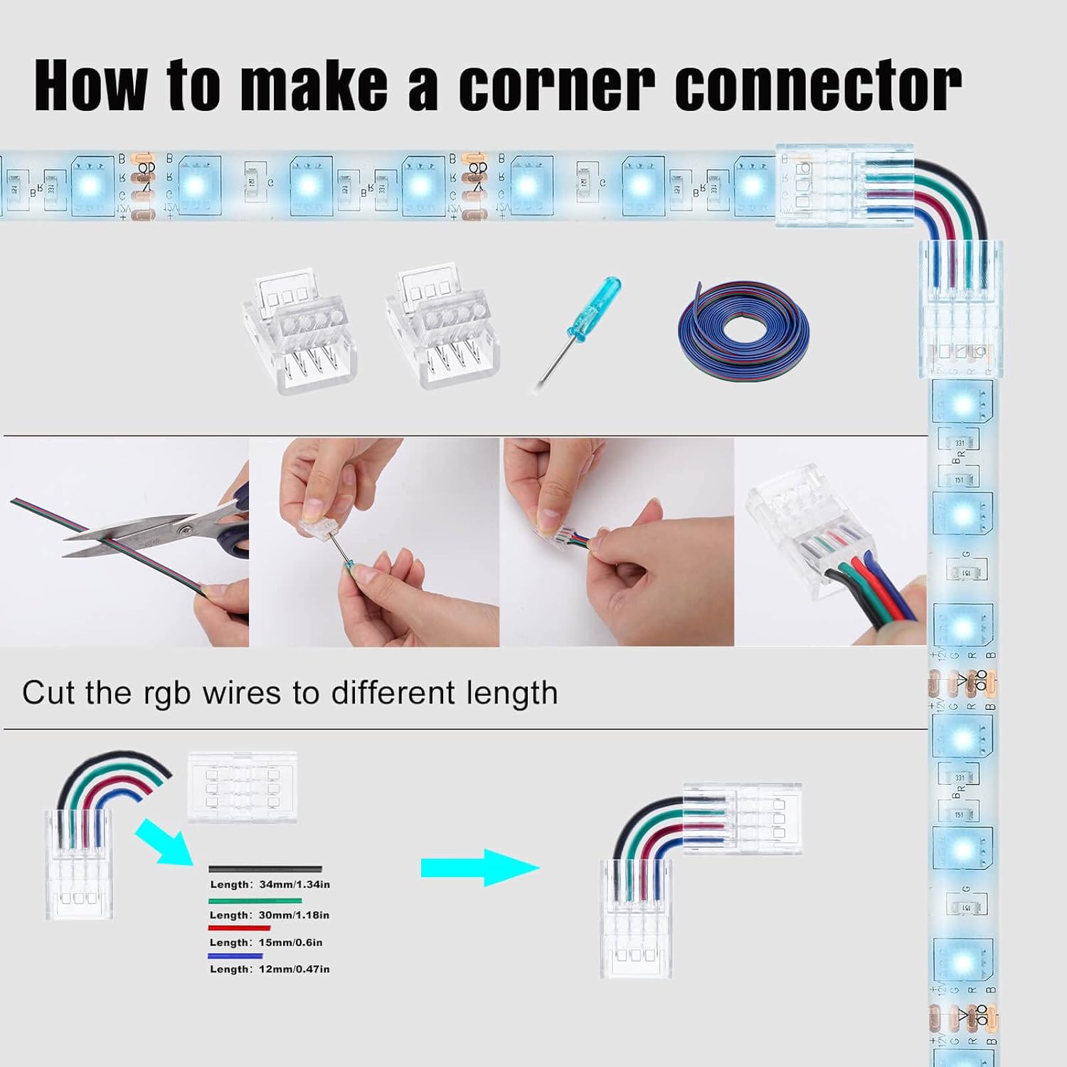 GXILEE 4 Pin LED Strip Connector 10 Pack with 164ft Extension Cable