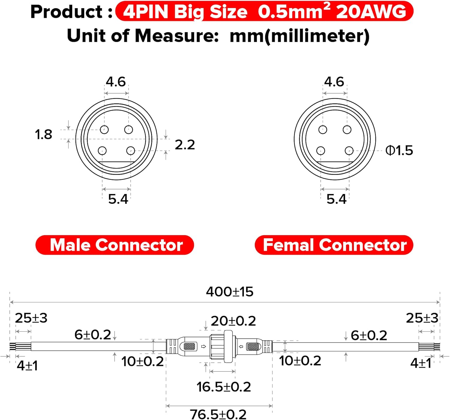 BTF-LIGHTING 4 Pin IP65 Connector with 20AWG Wire