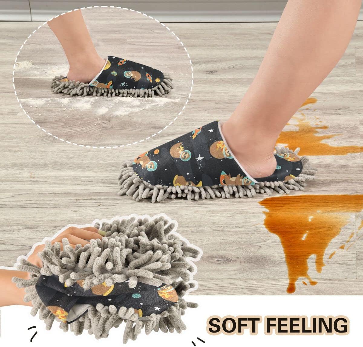 DOMIKING Sloth Astronaut Mop Slippers for Cleaning