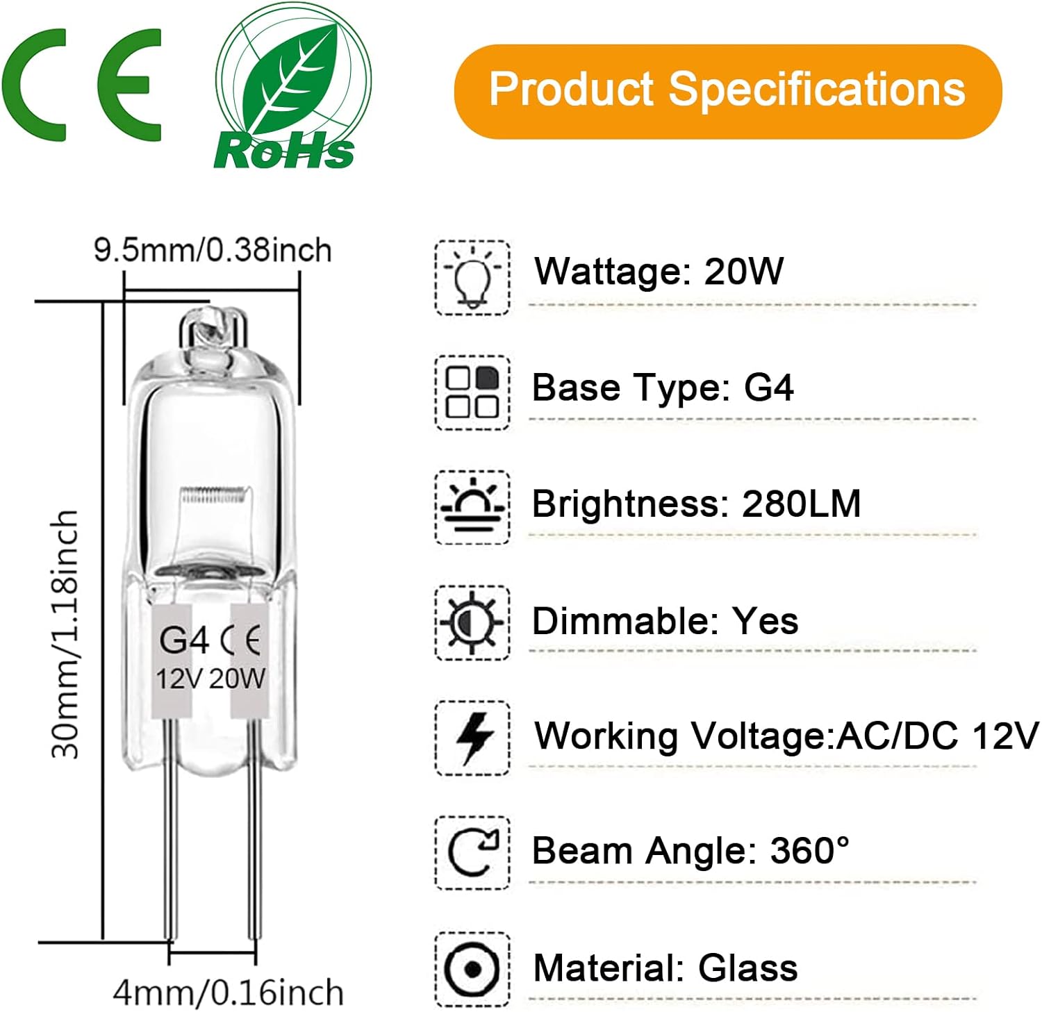 Lacnooe G4 Halogen Bulb 20W 12 Pack Dimmable