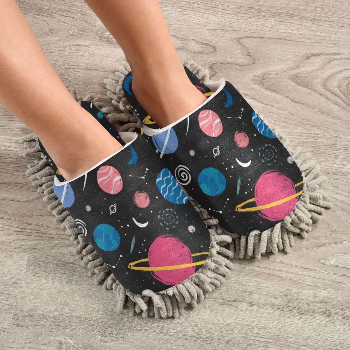 DOMIKING Space Stars Moon Mop Slippers for Women