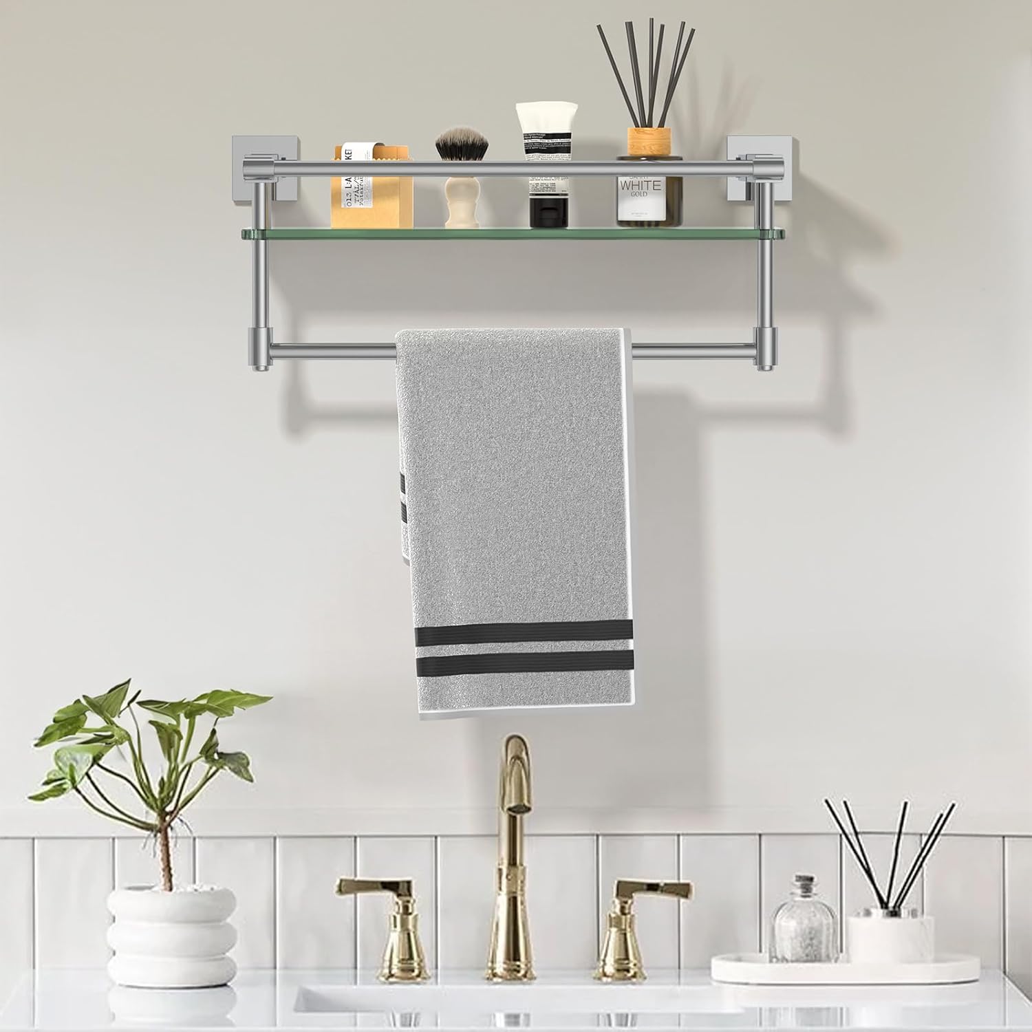 Tempered Glass Shelf with Chrome Towel Bar for Bathroom 1
