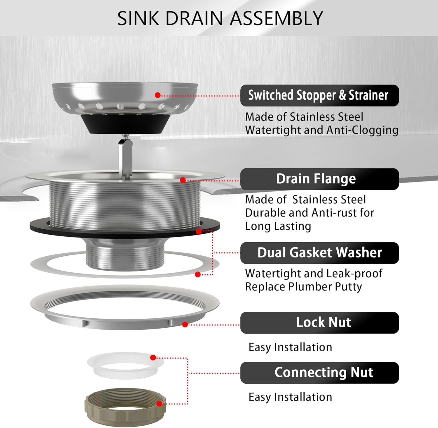 Exakey 3-12 Inch Brushed Stainless Steel Sink Drain Strainer Kit