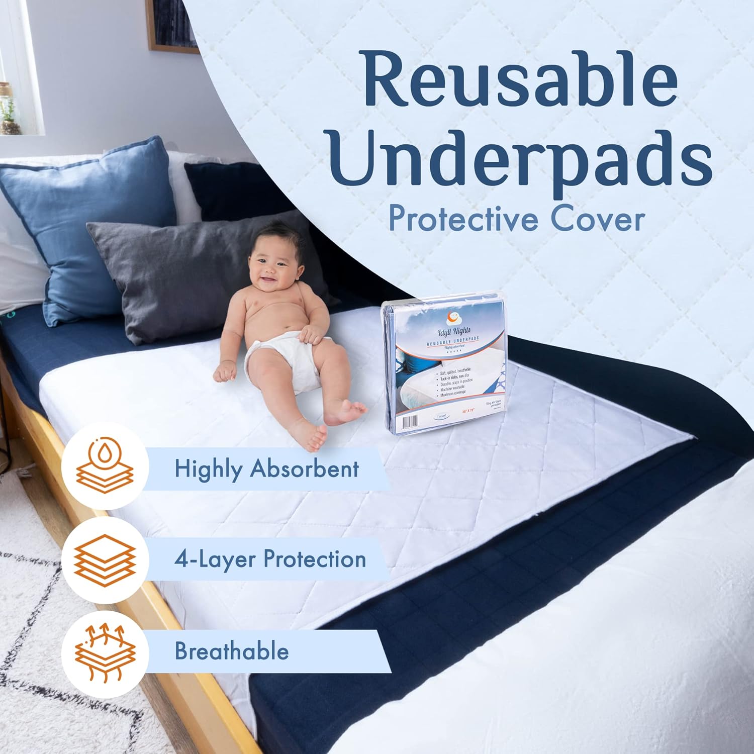 Idyll Nights Reusable Incontinence Bed Pad - Large 36x72 Waterproof Coverage