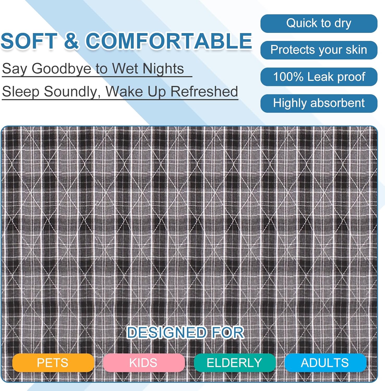 OUTCREATOR Washable Bed Pads 34x56 Black Plaid Pack of 2 1