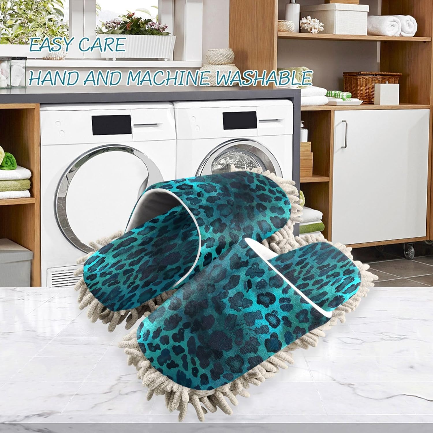 Zhirexin Blue Leopard Print Mop Slippers for Men Women