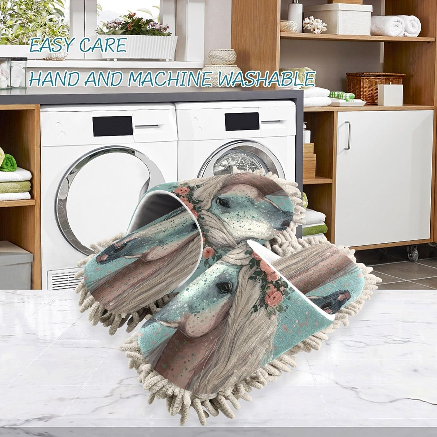 Zhirexin Flowery Horse Microfiber Mop Slippers for Men Women