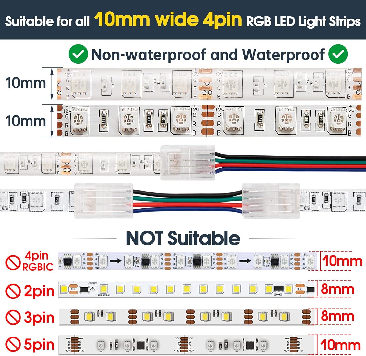 GXILEE 4 Pin LED Strip Connector 10 Pack with 164ft Extension Cable