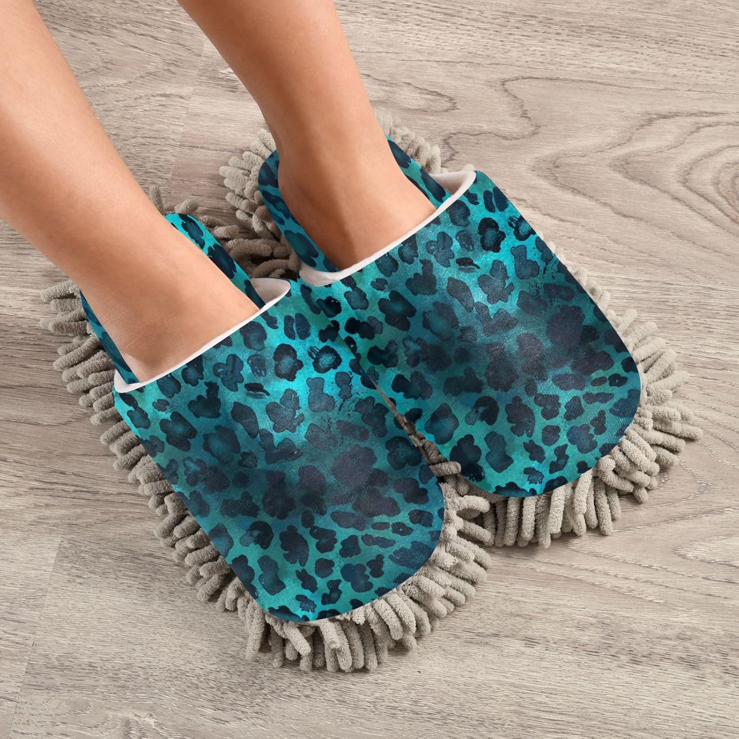 Zhirexin Blue Leopard Print Mop Slippers for Men Women