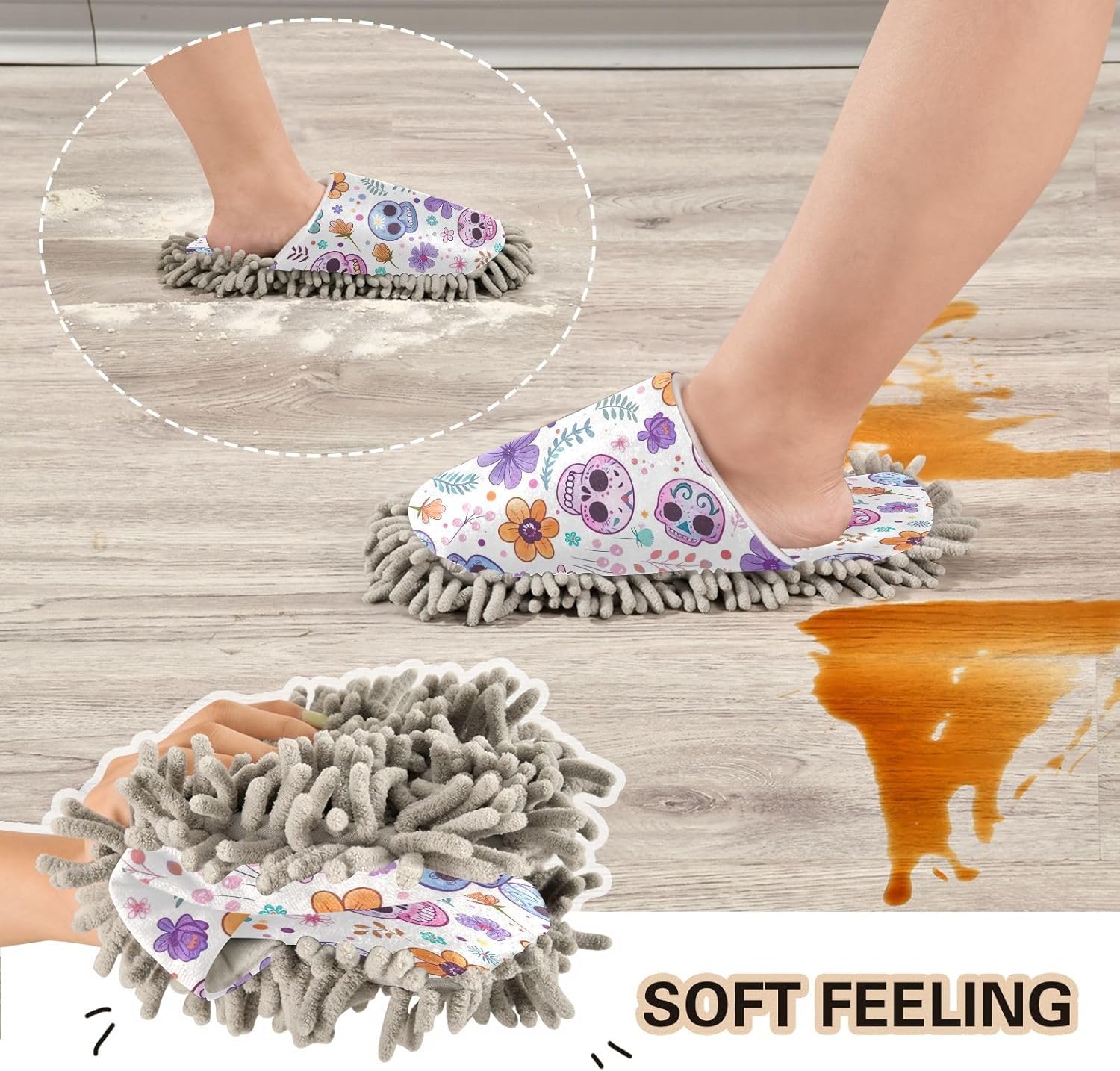 Zhirexin Colorful Skulls Cleaning Mop Slippers
