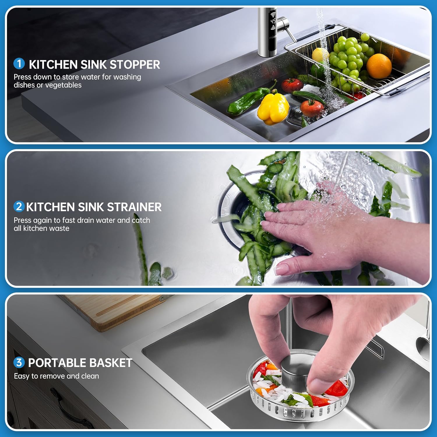 Tilirex 3 in 1 Kitchen Sink Drain Strainer