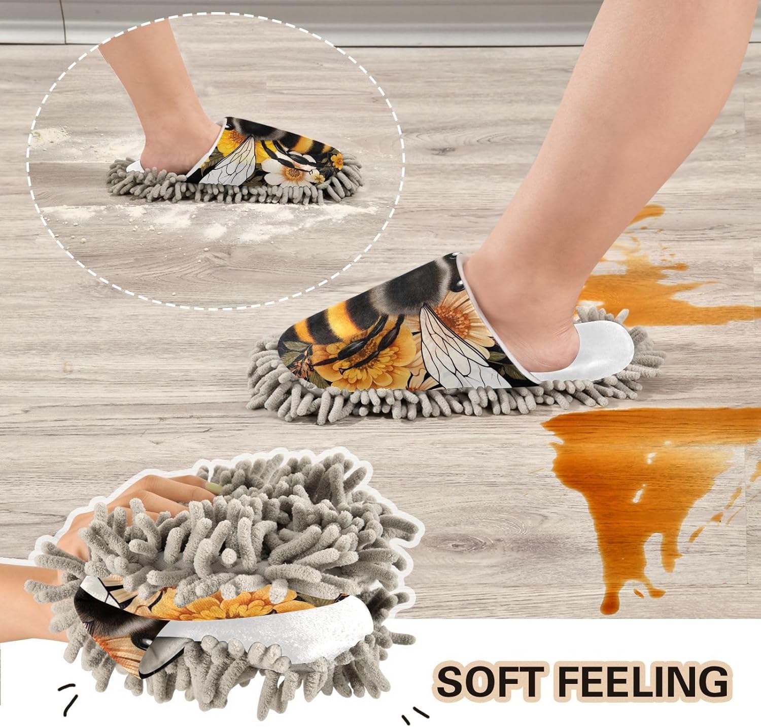 White Honey Bee Flowers Mop Slippers for Home Office