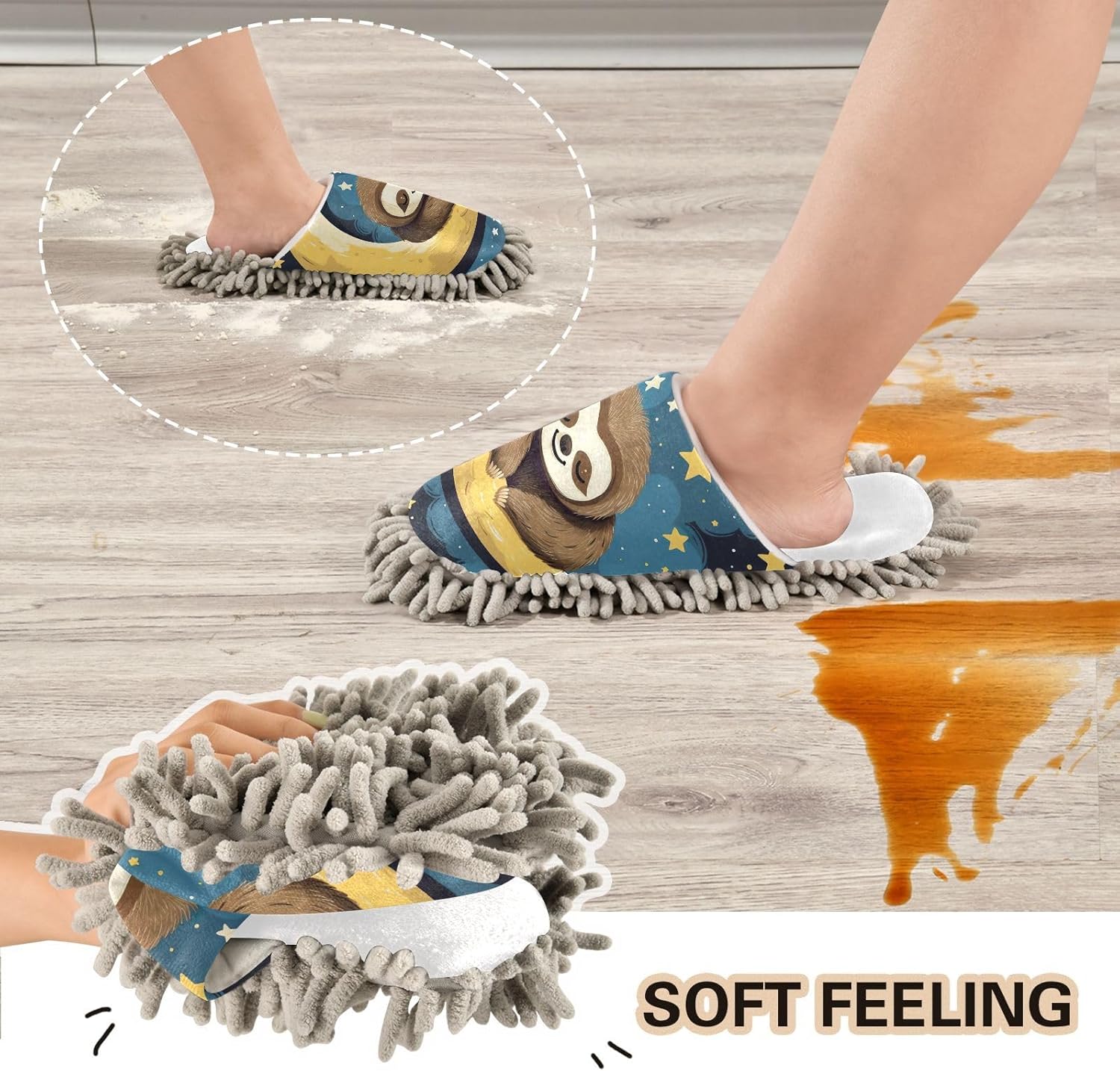 RunningBear White Sloth Mop Slippers for Easy Floor Cleaning