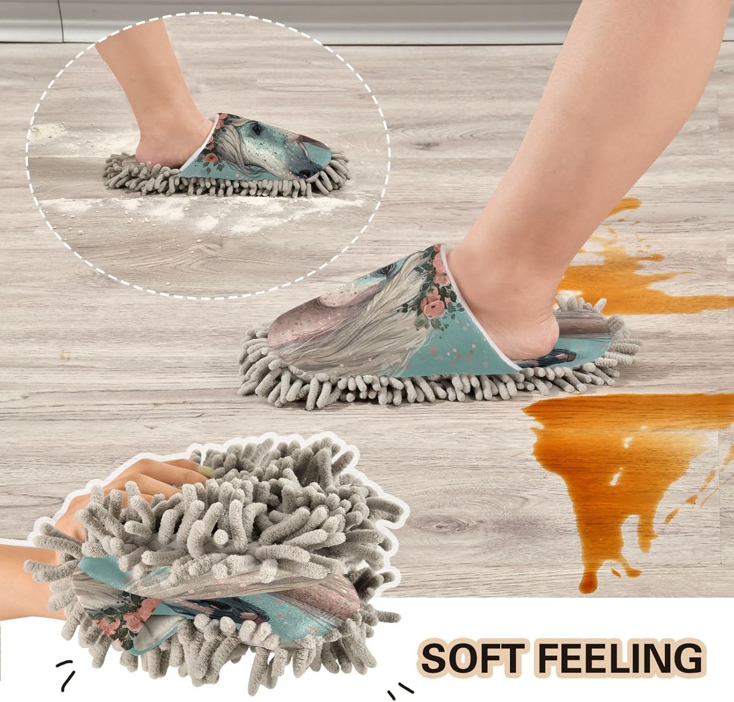 Zhirexin Flowery Horse Microfiber Mop Slippers for Men Women