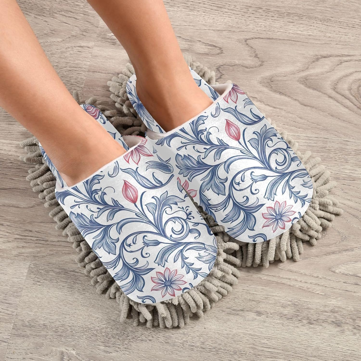 Zhirexin Blue Flowers Mandala Microfiber Cleaning Slippers