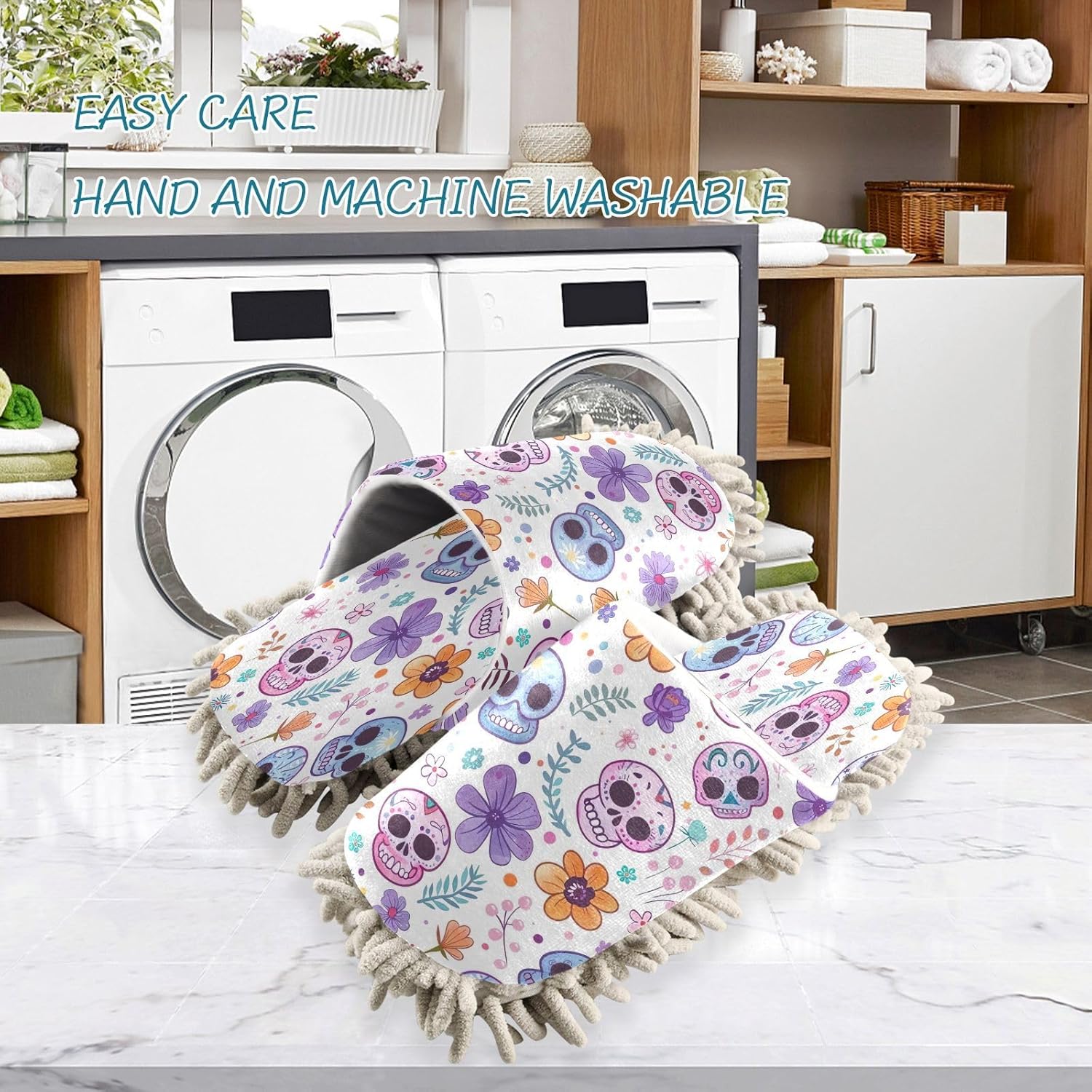Zhirexin Colorful Skulls Cleaning Mop Slippers