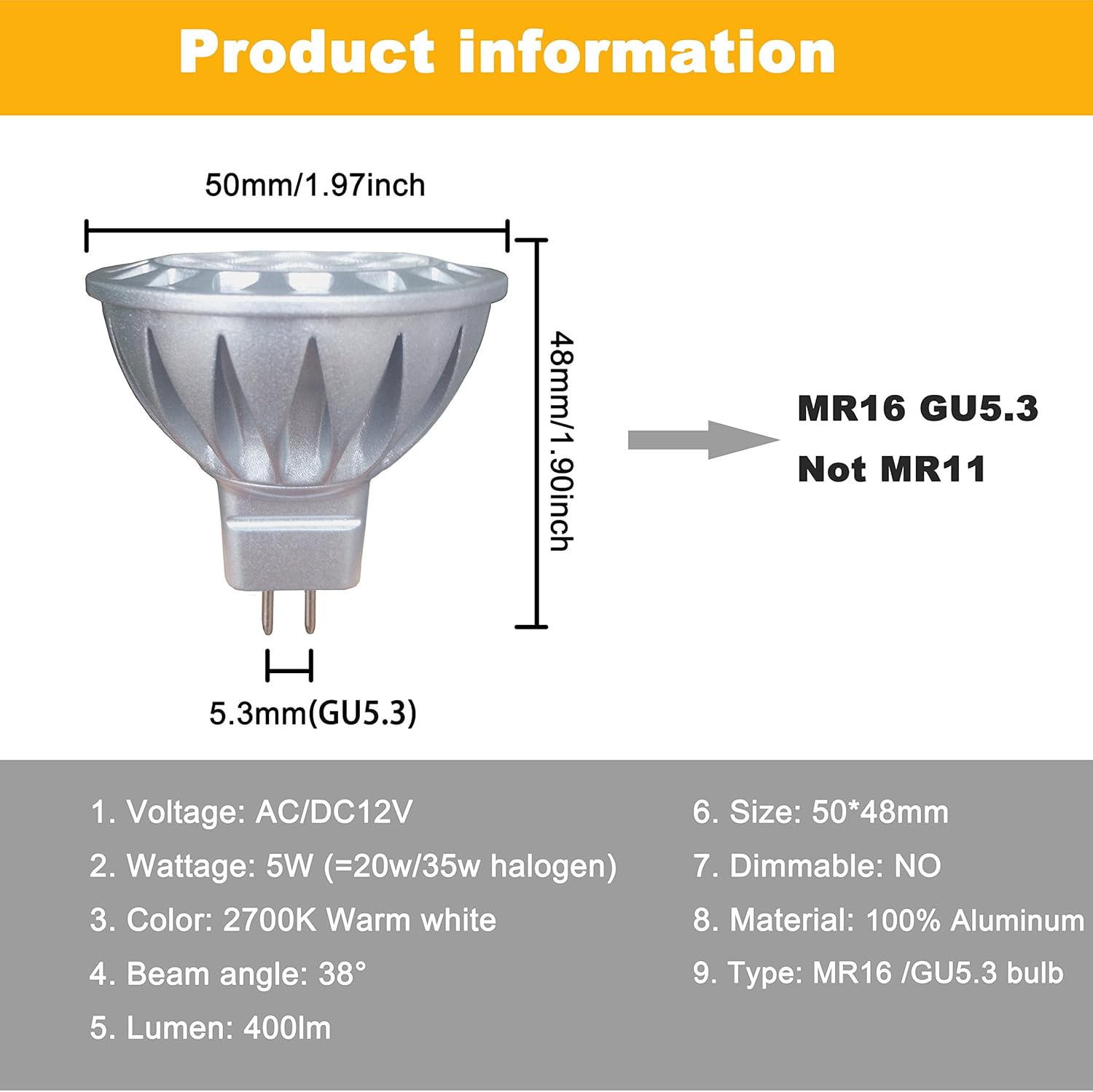 ALIDE 5W MR16 LED Bulbs 2700K Soft White 6 Pack