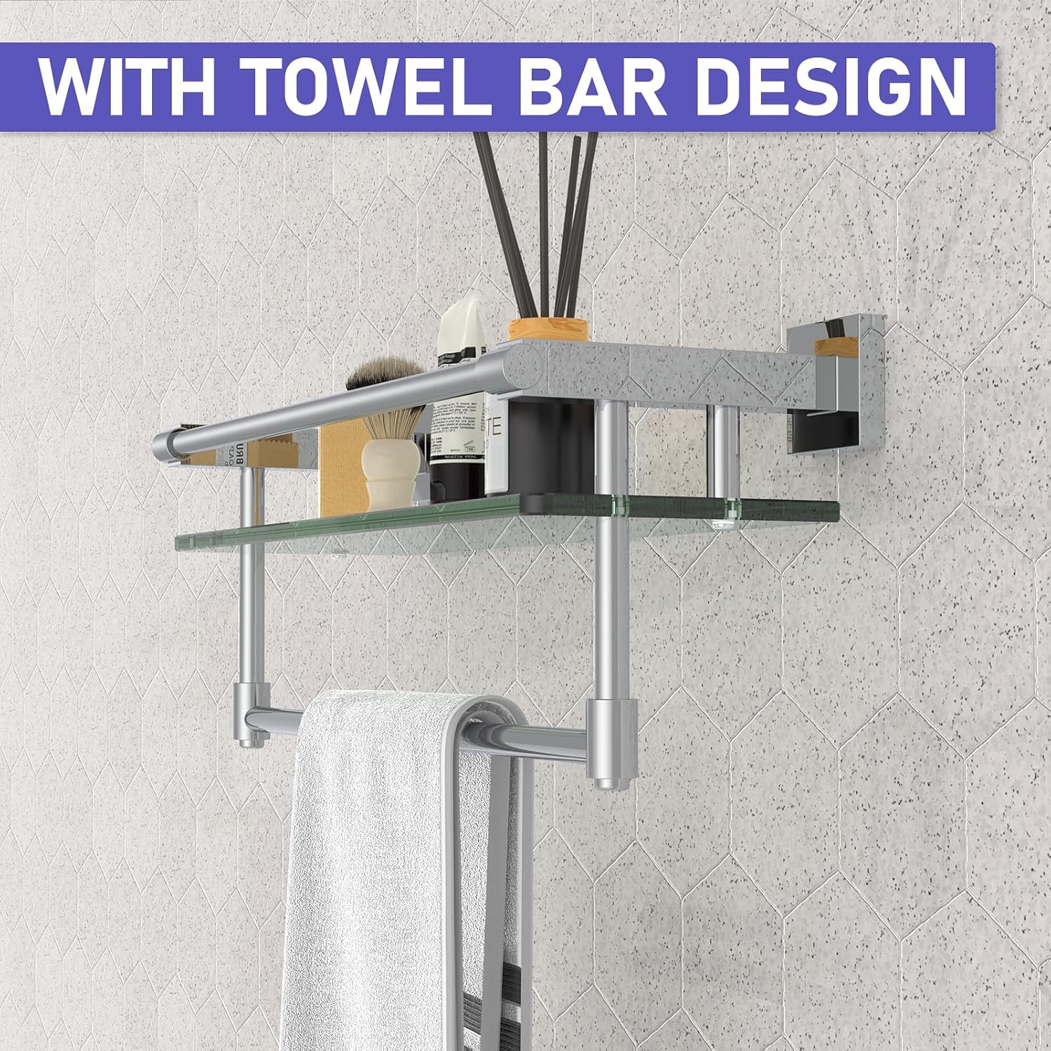 Tempered Glass Shelf with Chrome Towel Bar for Bathroom 1