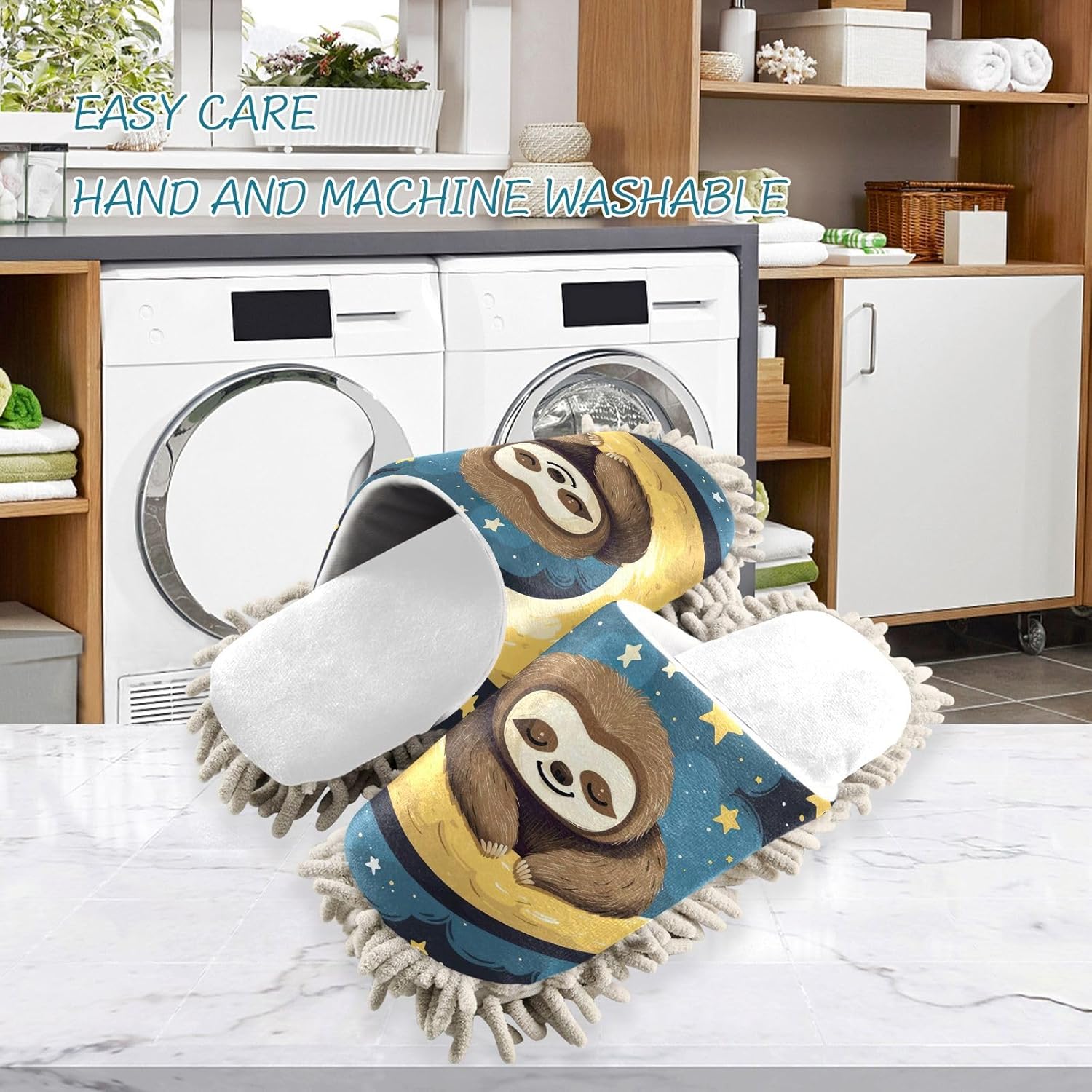 RunningBear White Sloth Mop Slippers for Easy Floor Cleaning