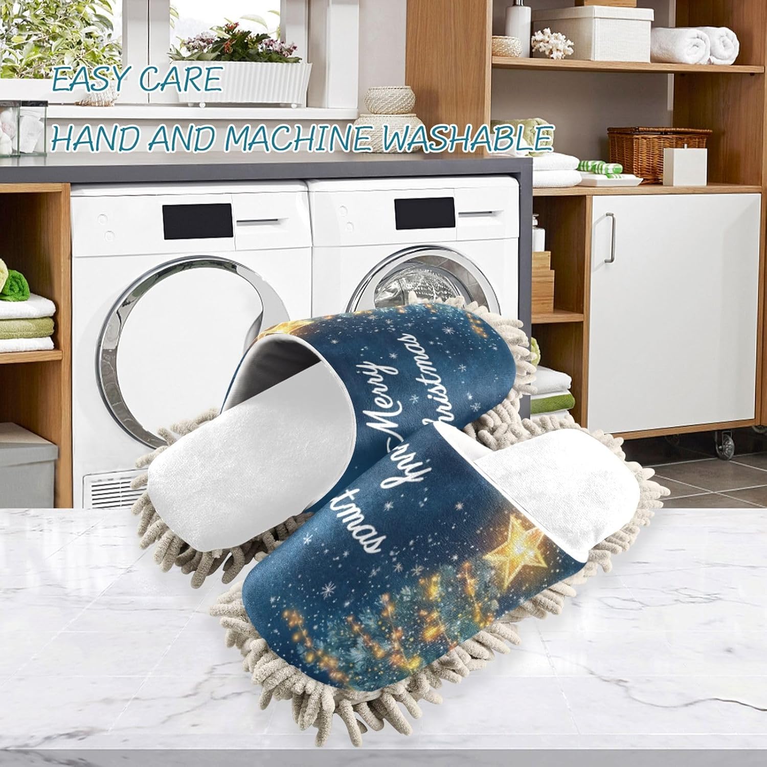 RunningBear White Christmas Mop Slippers for Kitchen Cleaning
