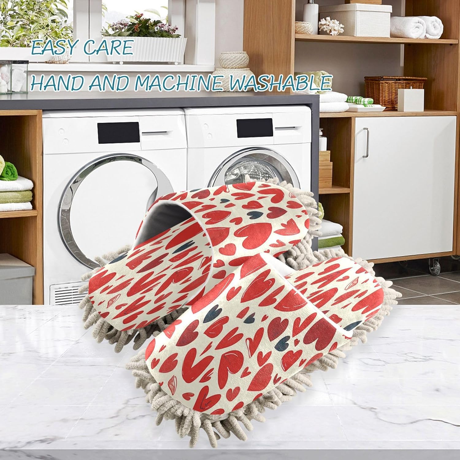 Zhirexin Cartoon Red Heart Microfiber Mop Slippers for Men Women