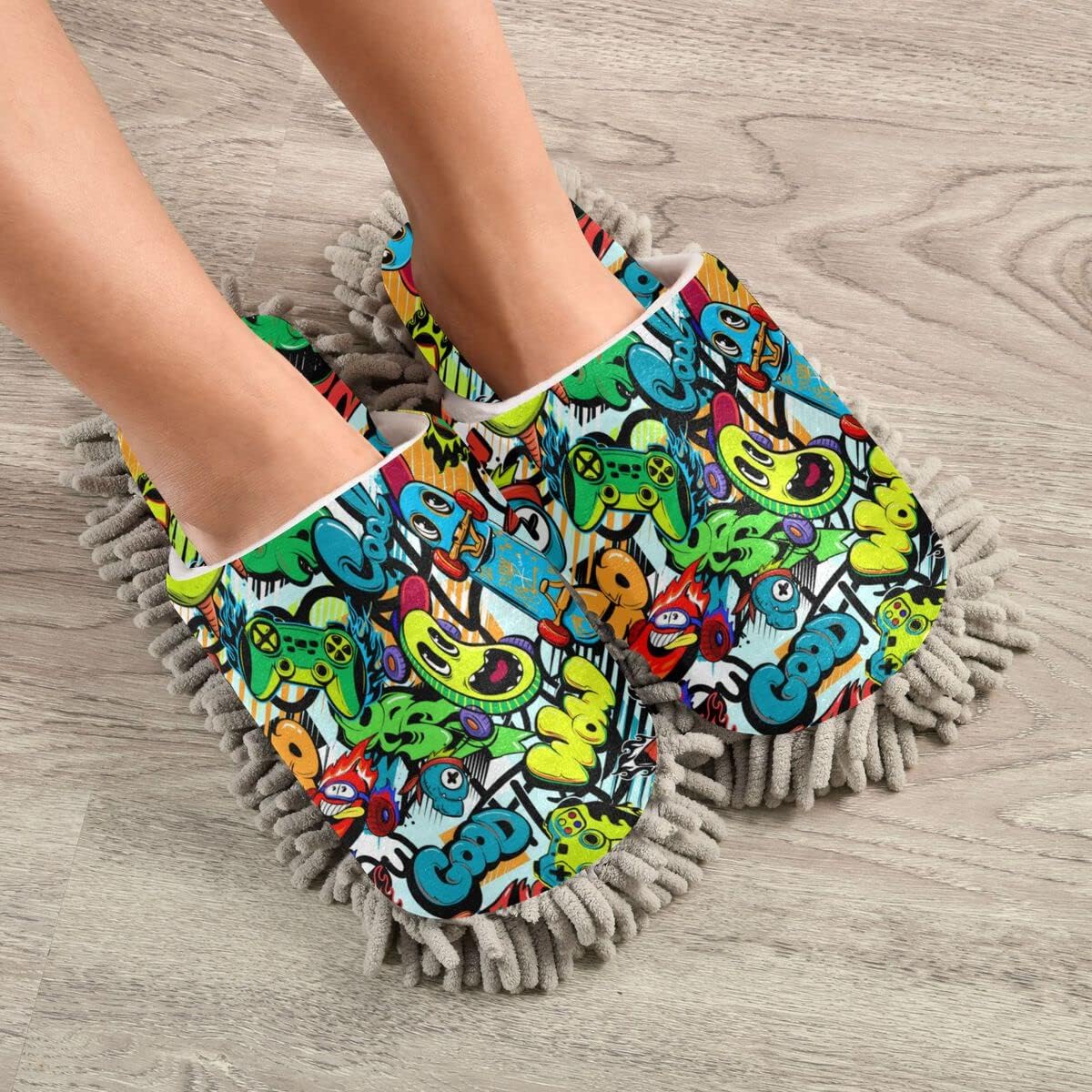 DOMIKING Graffiti Mop Slippers for Floor Cleaning