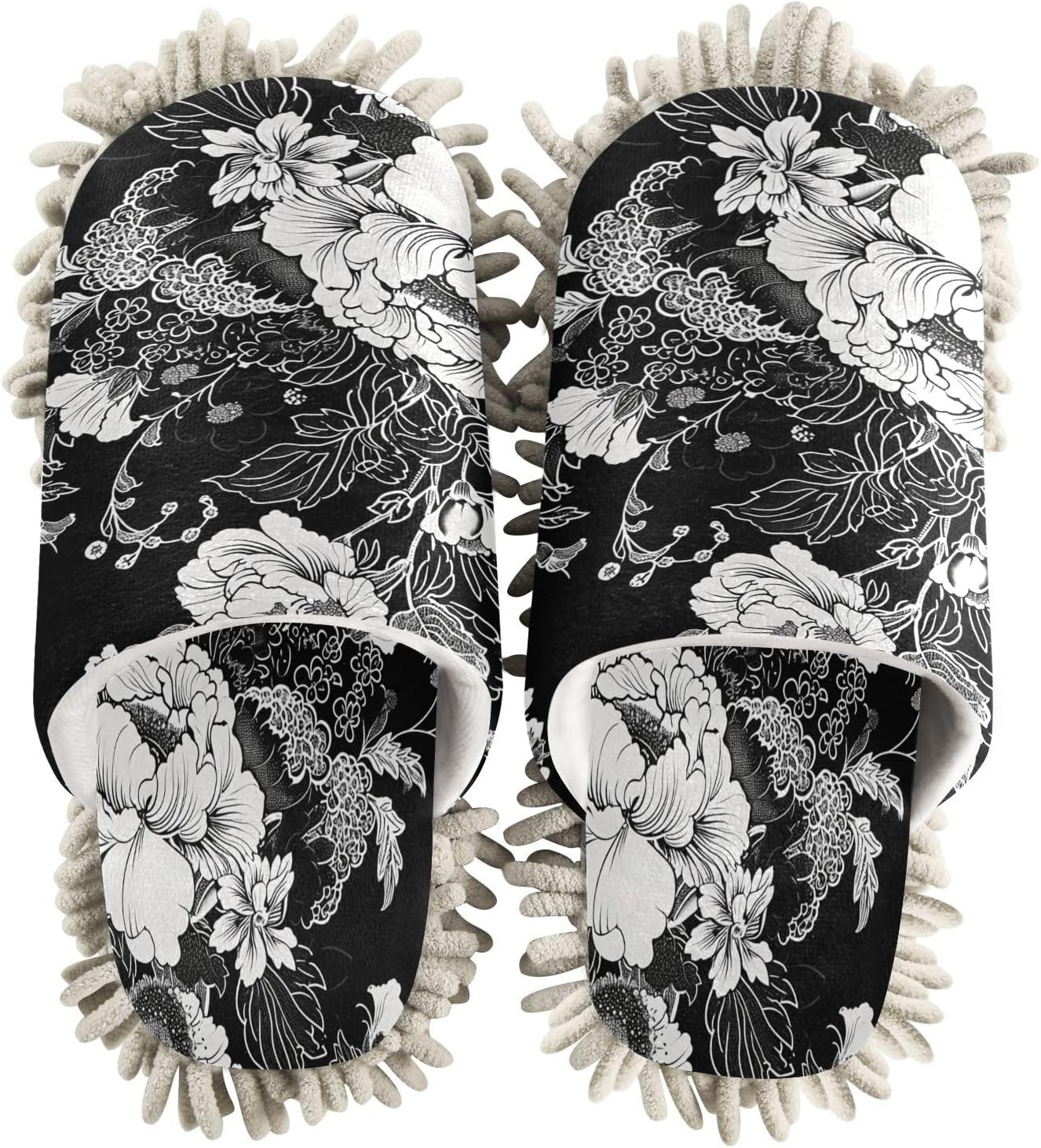 Zhirexin Black White Flowers Cleaning Mop Slippers