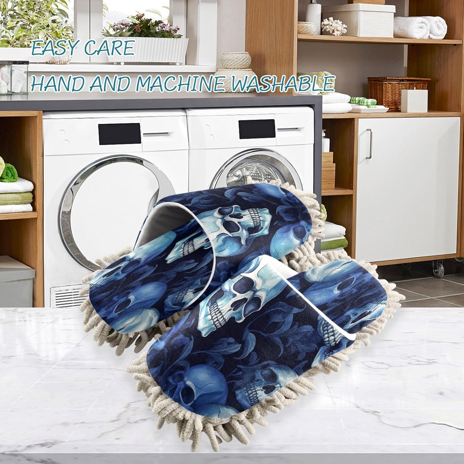 Zhirexin Blue Skull Microfiber Mopping Slippers