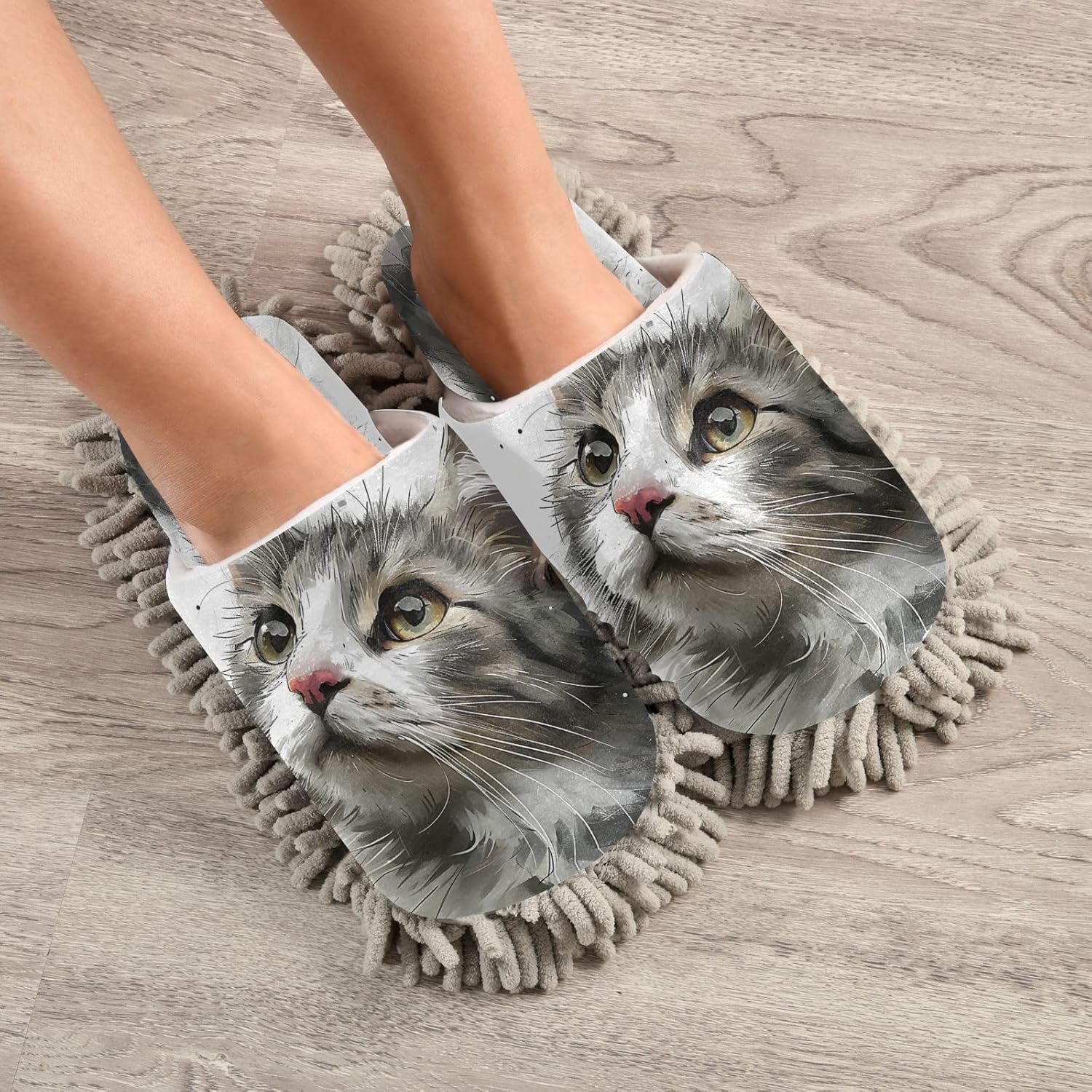 Zhirexin White Cat Microfiber Mop Slippers for Men Women
