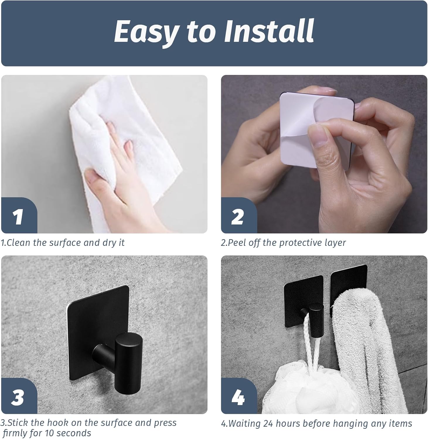 Adhesive Towel Hooks 2 Pcs Matte Black No Drill