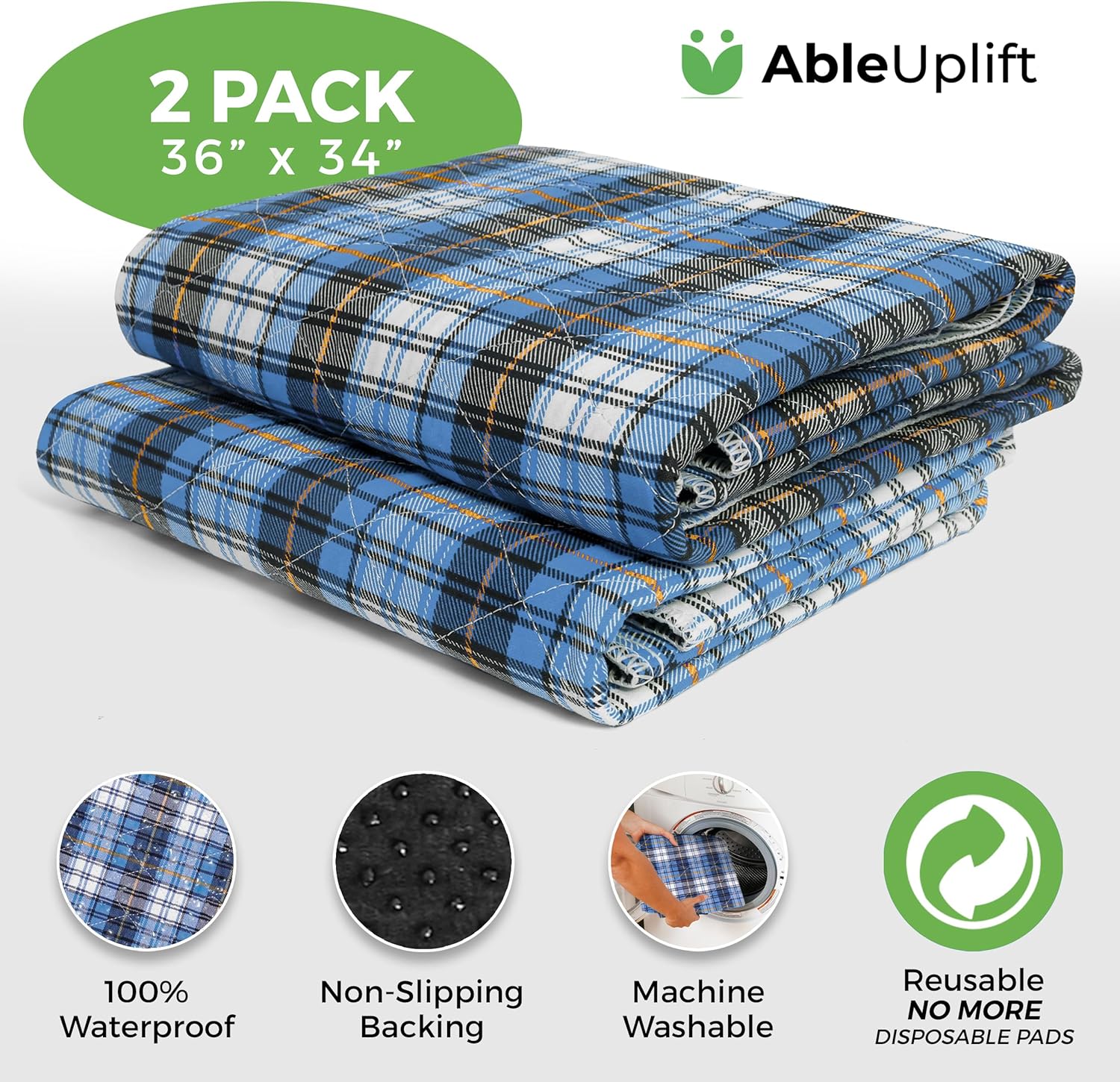 AbleUplift Washable Waterproof Bed Pads 2 Pack Blue Plaid