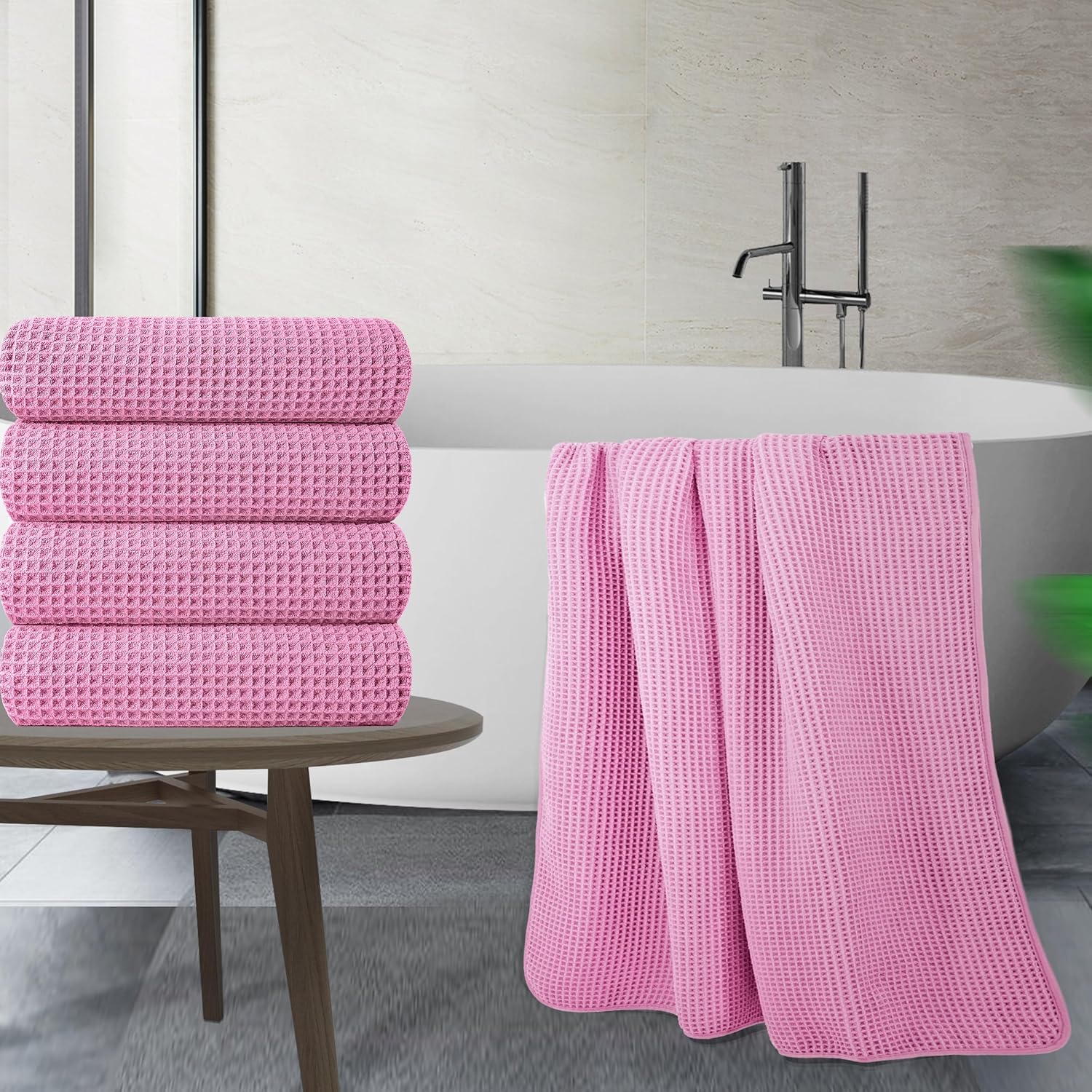 POLYTE Microfiber Bath Towel 60x30 in 4 Pack Pink Waffle Weave