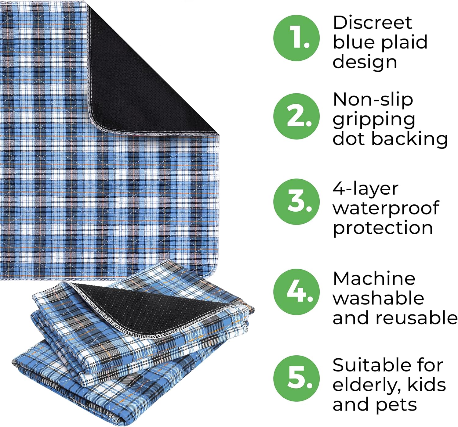 AbleUplift Washable Waterproof Bed Pads 2 Pack Blue Plaid